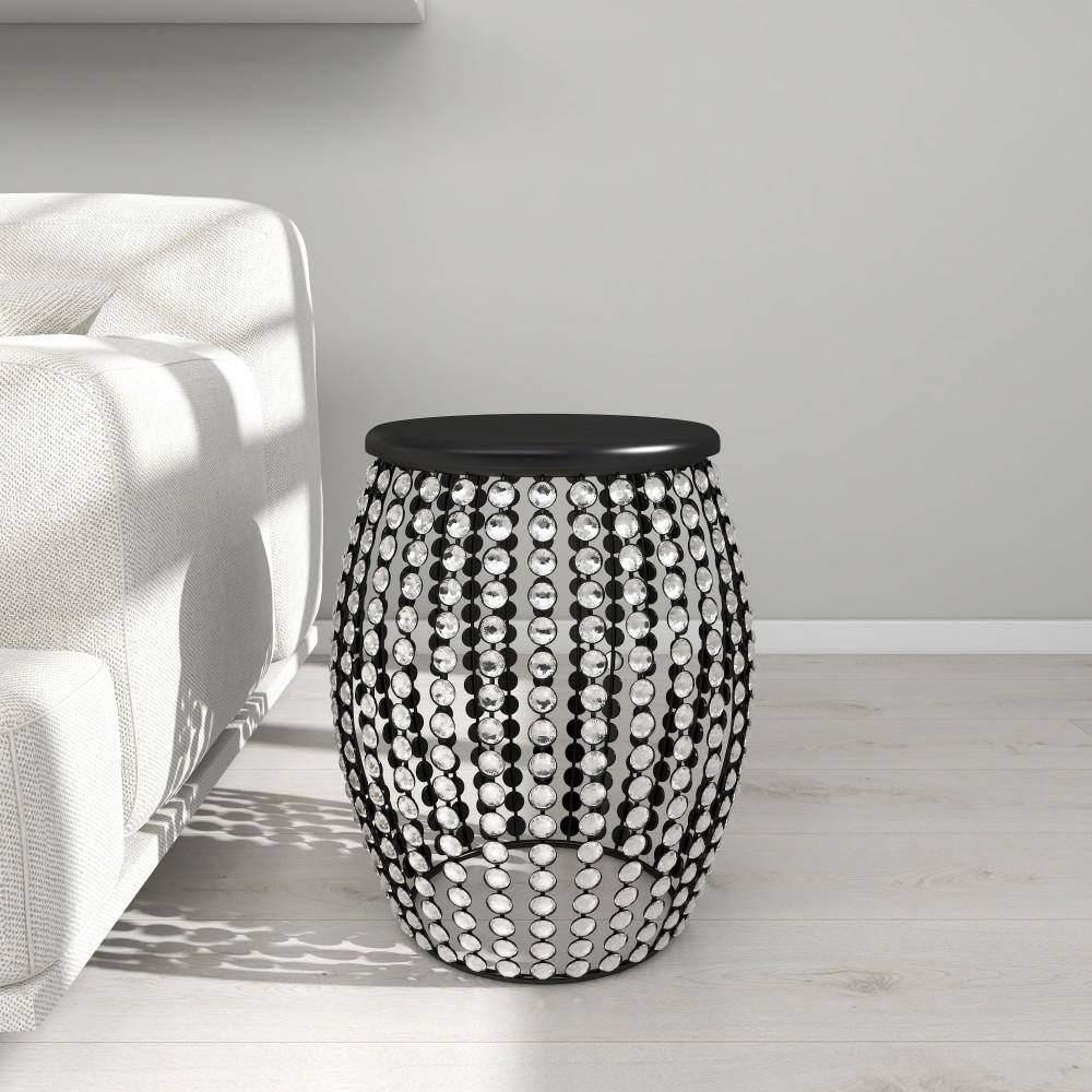 Glam Black Iron and Wood Round Accent Table with Crystal Embellishments