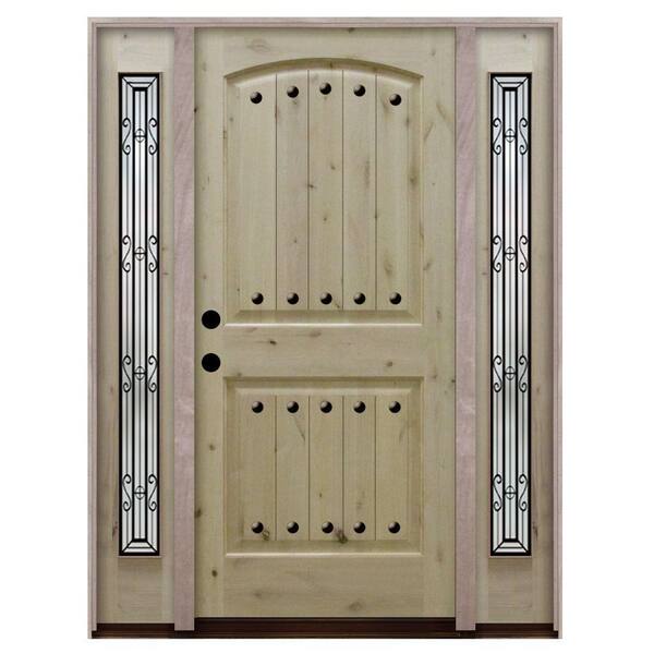 Steves & Sons 64 in. x 81.5 in. Rustic 2-Panel Plank Unfinished Knotty Alder Wood Prehung Front Door with Sidelites