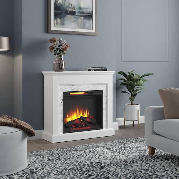 StyleWell Northglenn 36 in. Freestanding Faux Marble Surround Electric Fireplace in White Oak