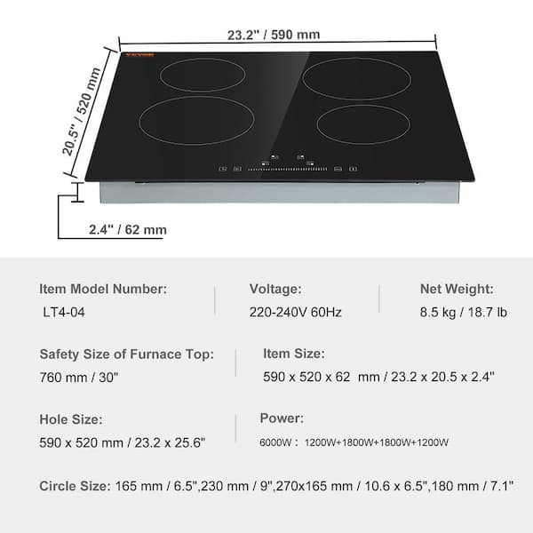 VEVOR Built in Electric Stove Top, 24 inch 4 Burners, 240V Glass Radiant Cooktop with Sensor Touch Control, Timer & Child Lock Included, 9 Power