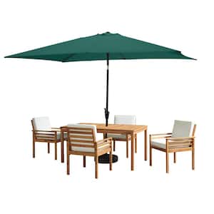6-Piece Set, Okemo Wood Outdoor Dining Table Set with 4-Cushioned Chairs, 10 ft. Rectangular Umbrella Hunter Green
