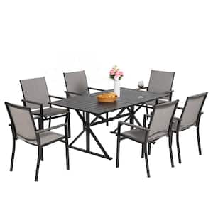Patio Dining Set of 7, Bistro Outdoor Chairs and 63 in. Metal Table W/1.6 in. to 2 in. Umbrella Hole for Garden Backyard