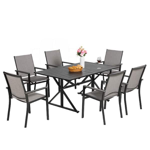 MEOOEM Patio Dining Set of 7, Bistro Outdoor Chairs and 63 in. Metal Table W/1.6 in. to 2 in. Umbrella Hole for Garden Backyard