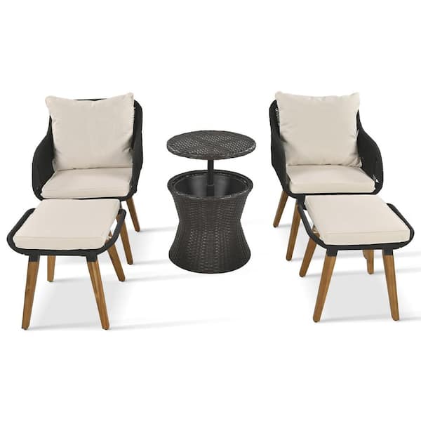 Unbranded Outdoor 5-Piece Wicker Patio Conversation Set with Beige Cushions, Patio Conversation Set with Wicker Cool Bar Table
