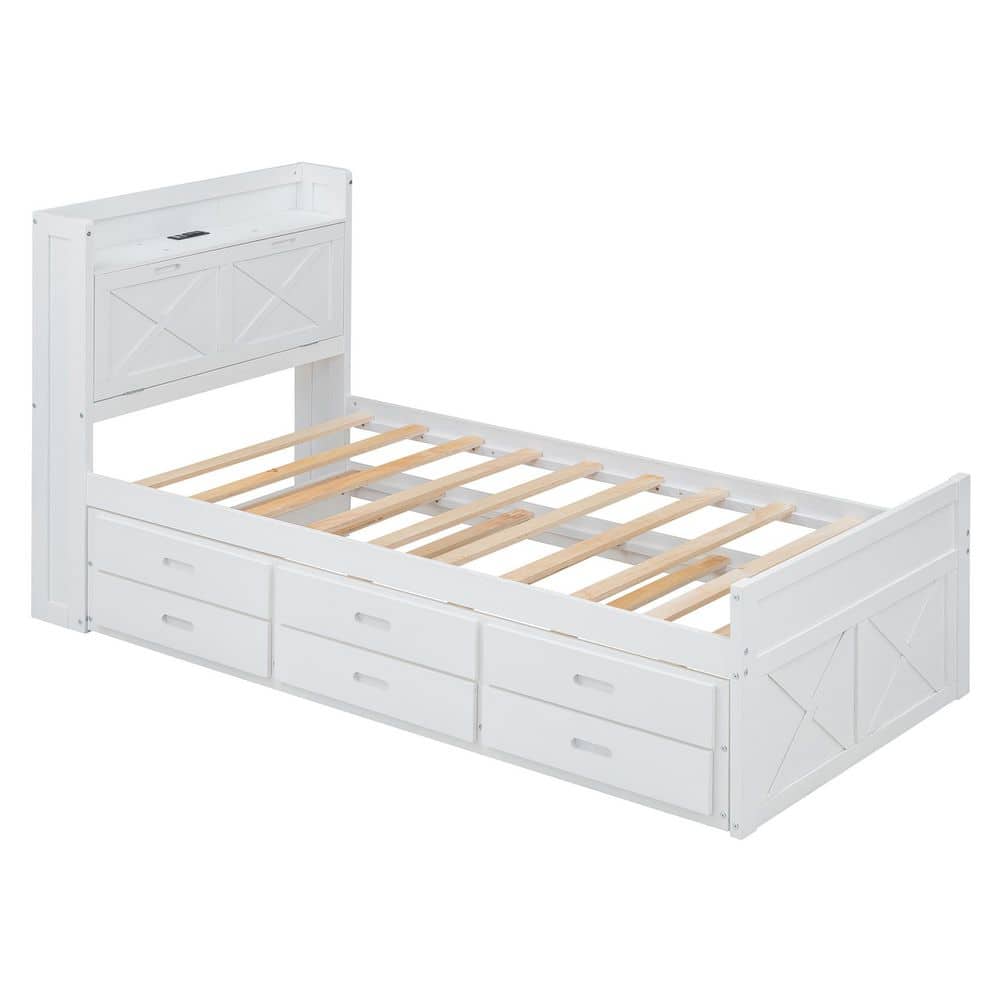 White Wood Frame Full Size Platform Bed with Storage Headboard, Outlets, Twin Size Trundle and 3 Storage Drawers - thumbnail 7