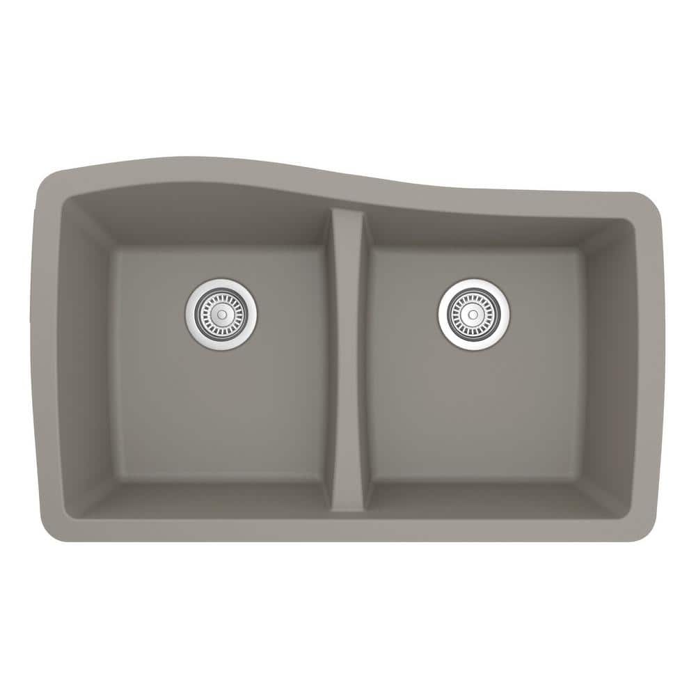 Concrete Gray Double Bowl Farmhouse Quartz Kitchen Sink Kit