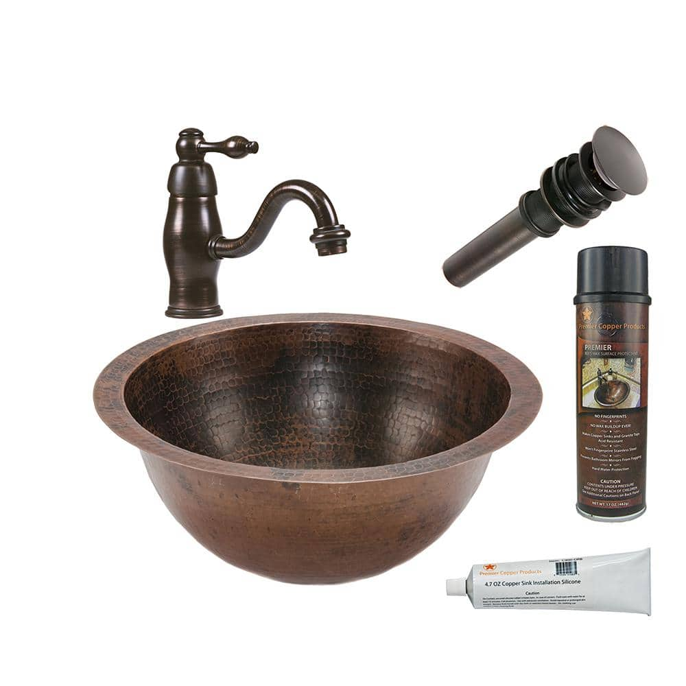 Premier Copper Products All In One Small Round Under Counter Hammered Copper Bathroom Sink In Oil Rubbed Bronze Bsp3 Lr14fdb The Home Depot