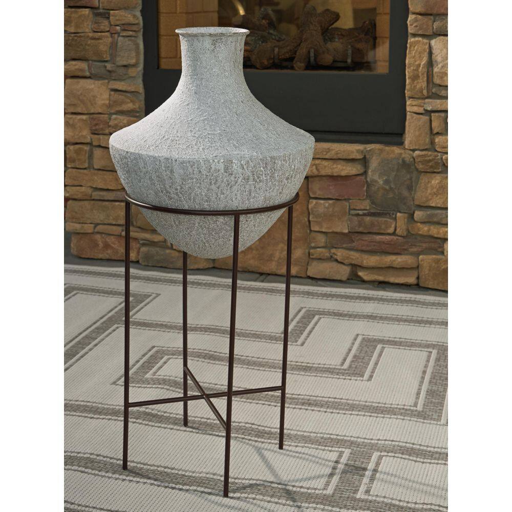 Distressed Cream Metal Floor Vase with Espresso Brown Stand
