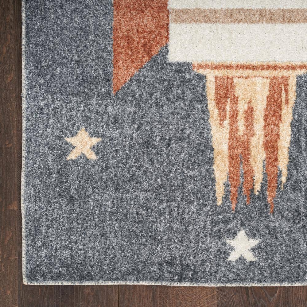 Sky Blue Rectangular Kids Rug with Rocket Design, 2'2" x 4'