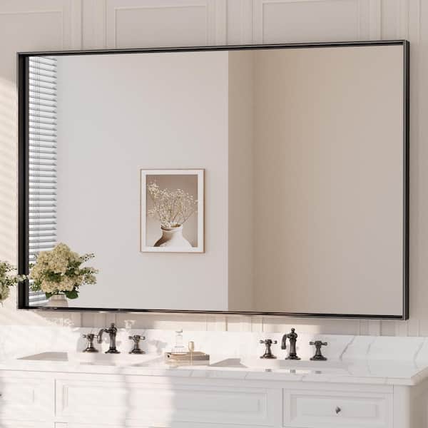 55 in. W x 36 in. H Rectangular Framed Aluminum Square Corner Wall Mount Bathroom Vanity Mirror in Matte Black