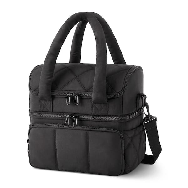 Black Lunch Bag, Double Deck Insulated Lunch Box, Quilted Puffer Lunch Tote, Leakproof, Durable Large Lunch Cooler