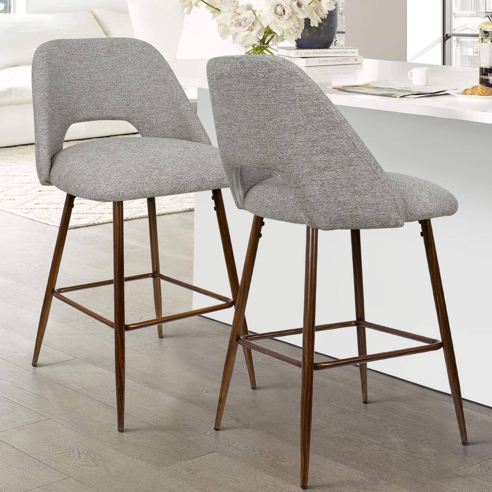 Gray Upholstered Counter Stools with Walnut Metal Legs, Set of 2