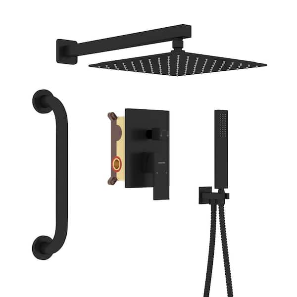 2-Spray 10 in. Square Wall Mount Dual Shower Heads with Shower Grab Bar 2.5 GPM in Black (Valve Included)