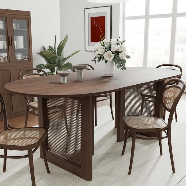 Dovelina Cinna Walnut Wood 67 in. Oval Double Pedestal Dining Table Seats 6