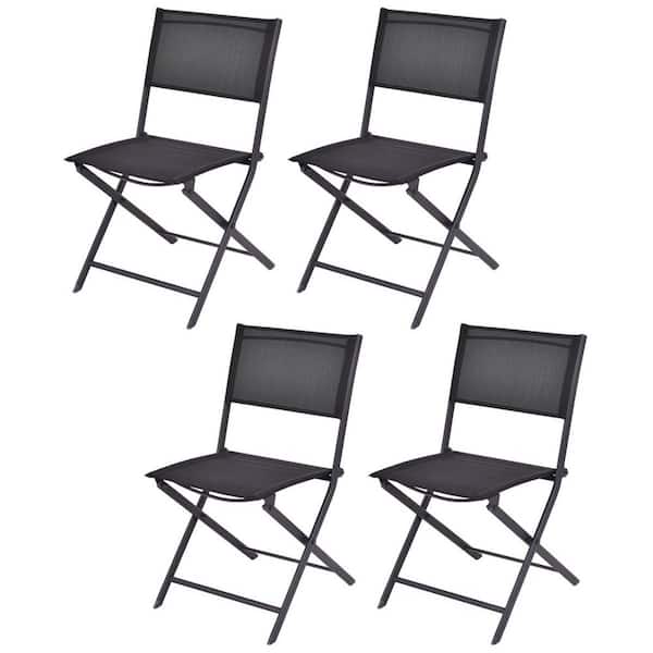 ANGELES HOME Folding Outdoor Dining Chair in Black with Text Ilene Fabric, Black Steel Frame for Outdoor and Indoor Use Set of 4