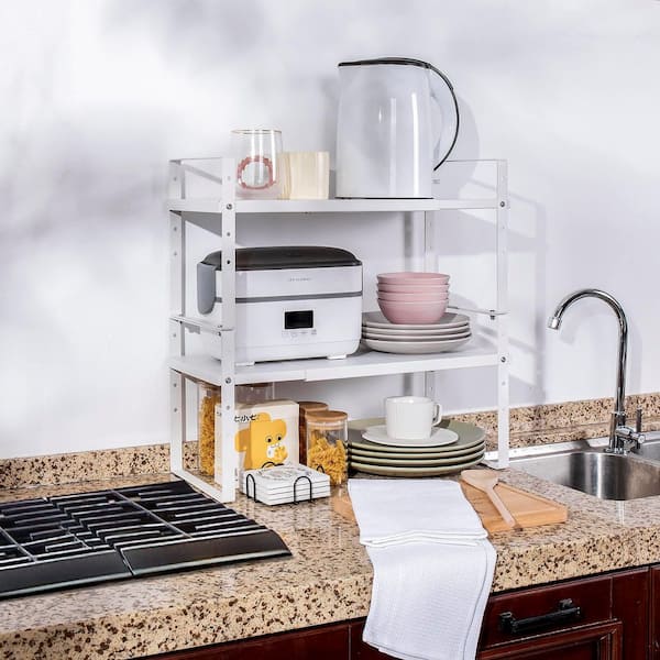 White Adjustable Height Expandable Stackable Cabinet Pantry Shelf Organizer Rack