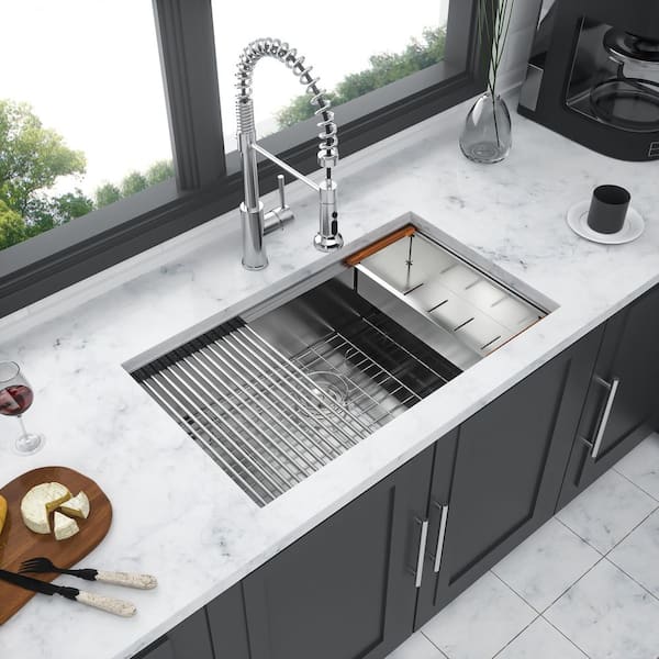 33 in. Undermount Single Bowl 16-Gauge Brushed Nickel Stainless Steel Kitchen Sink with Bottom Grids, Drain Board