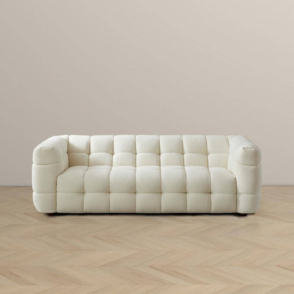 Mid-Century Modern White Tufted Microfiber Sofa with Wood Base