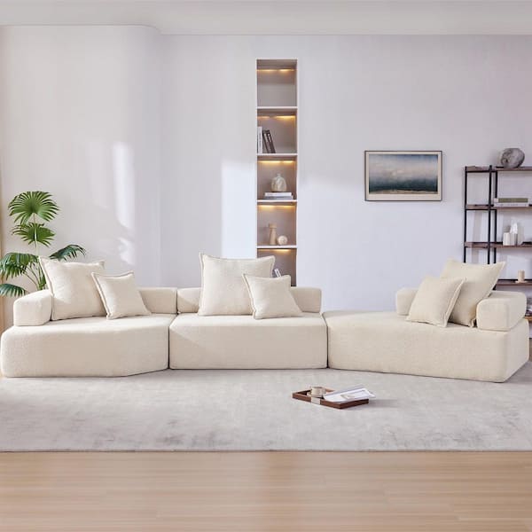 156 in. W Fabric Sectional Sofa in Beige and Convertible Compressed Couch, No Assembly Required