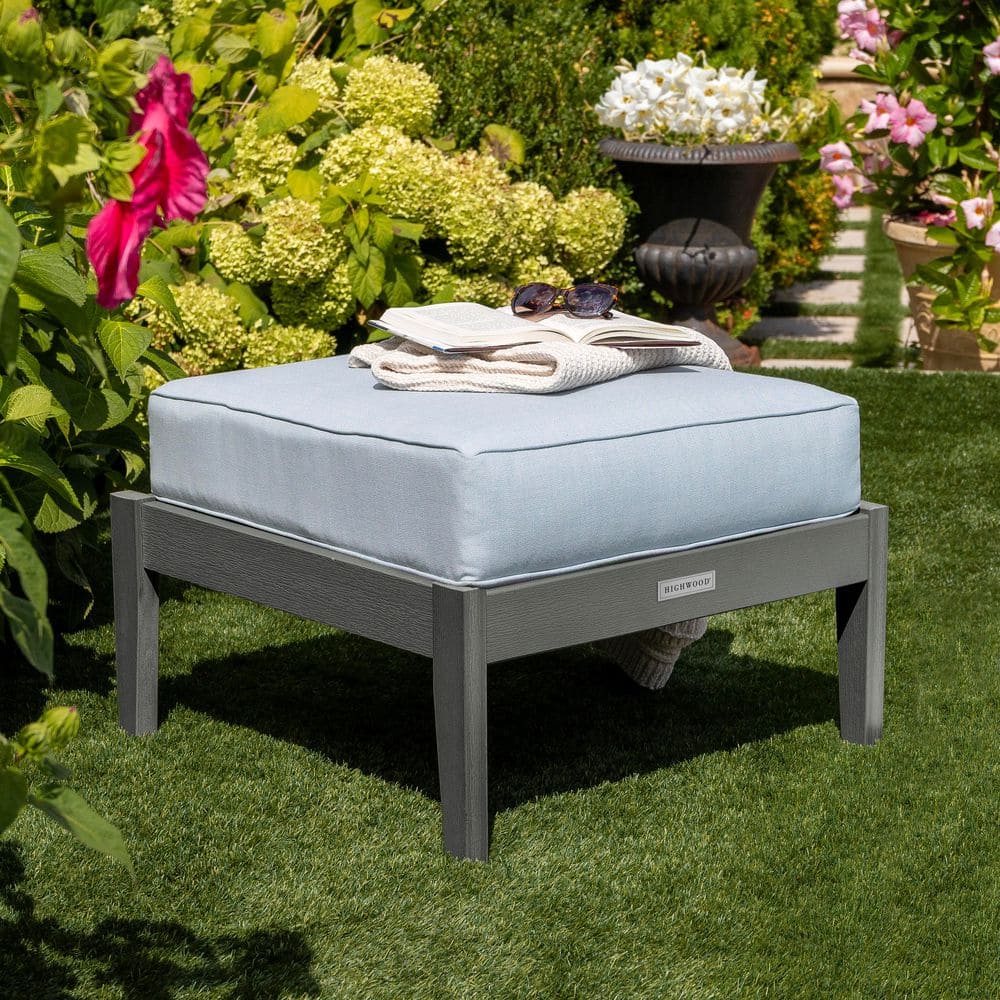 Lehigh Coastal Teak Recycled Plastic Outdoor Deep Seating Ottoman with Bliss Dew Cushion