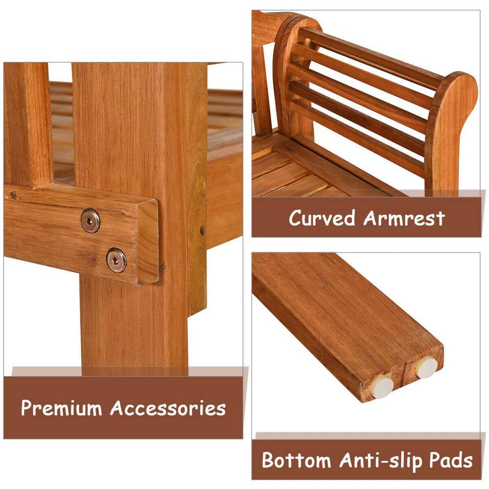 49" Eucalyptus Wood Outdoor Folding Bench with Backrest and Armrest