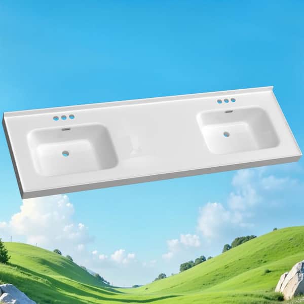 73 in. W x 22 in. D Solid Surface White Rectangular Double Sinks Vanity Top with Backsplash Bathroom Countertop in White