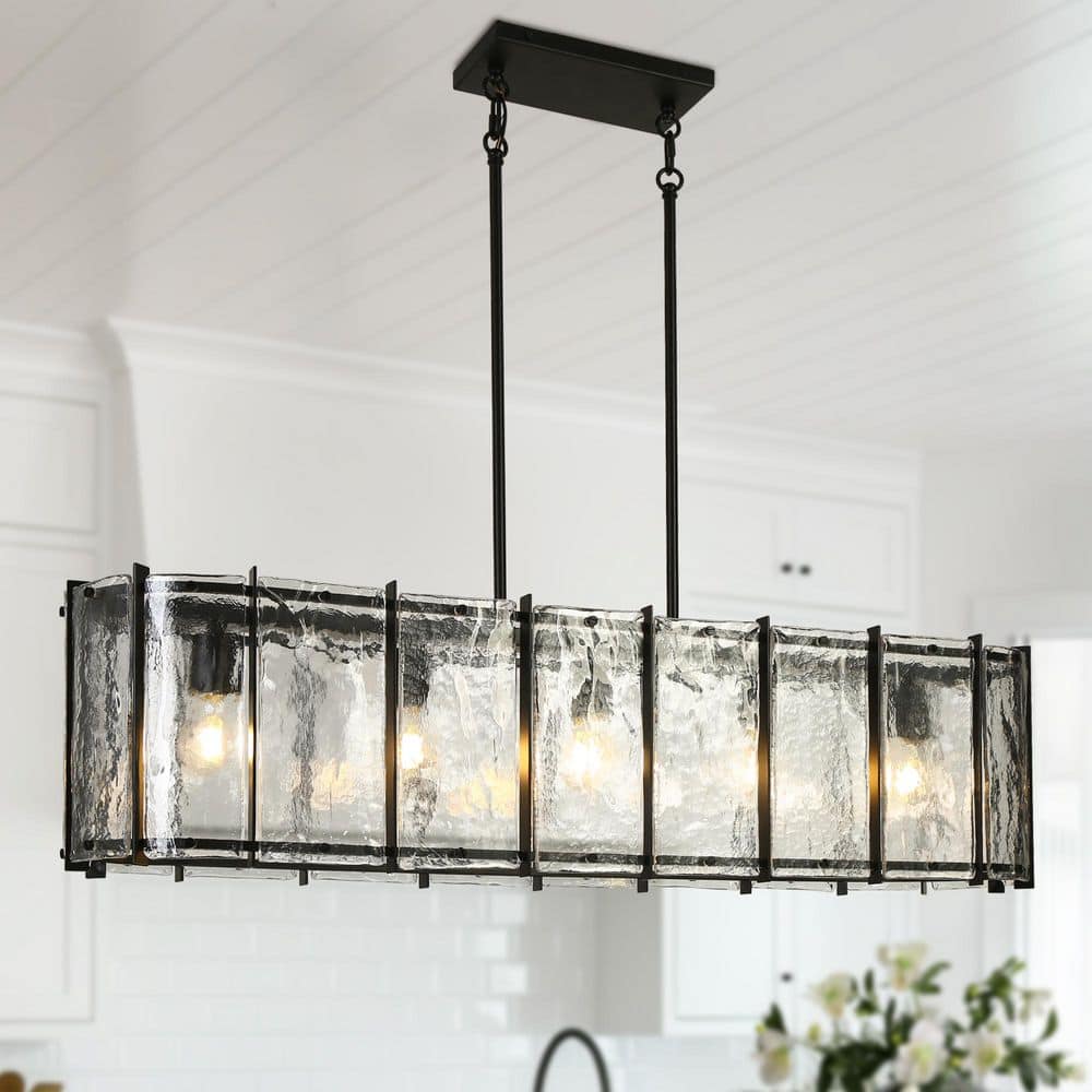 Fiorekaury Modern 31.5 in. 8-Light Black Drum Chandelier with Clear Textured Glass Shade Island Pendant For Living Room price history on PriceWatchPro