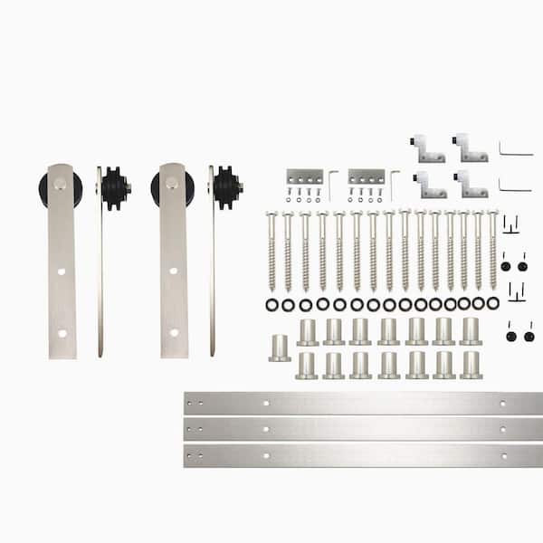 HOMACER 18 ft./216 in. Brushed Nickel Non-Bypass Sliding Barn Door Hardware Kit Straight Design Roller for Double Doors