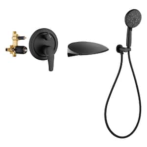 Single-Handle Wall Mount Roman Tub Faucet with Hand Shower Brass Waterfall Tub Filler in Matte Black