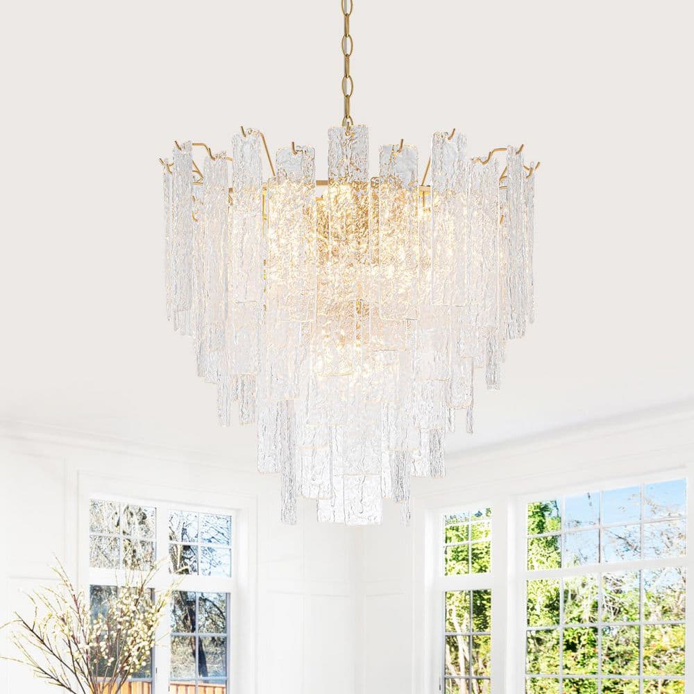 24 in. 9-Light Tiered Gold Chandelier with Textured Water Ripple Glass Panels price history on PriceWatchPro