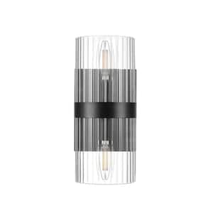 5 in. 2-Light Matte Black Glam Wall Sconce with Ribbed Glass Shade