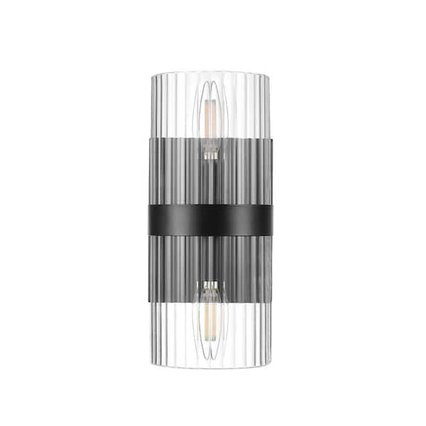 Globe Electric 5 in. 2-Light Matte Black Glam Wall Sconce with Ribbed Glass Shade