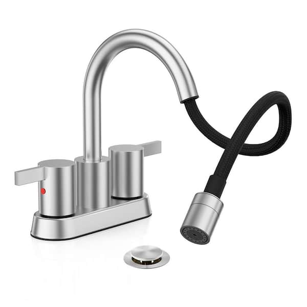 Pull Down Sprayer 4 in. 3-Hole Brushed Nickel Centerset Bathroom Faucet