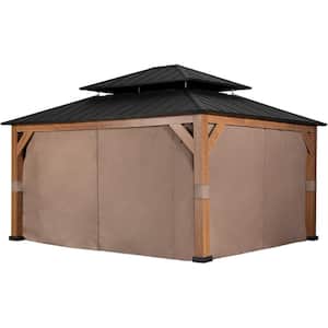 15 ft. x 13 ft. Wood-Grain Aluminum Wood Outdoor Gazebo with Curtains and Netting, Thermal Transfer, Black Gable Roof