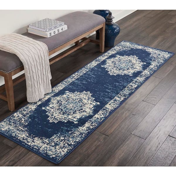 Grafix Navy Blue 2 ft. x 6 ft. Center medallion Transitional Runner Area Rug