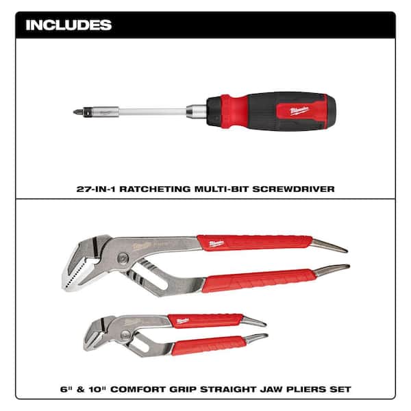 27-in-1 Ratcheting Multi-Bit Screwdriver and 6" & 10" Comfort Grip Straight Jaw Pliers Set