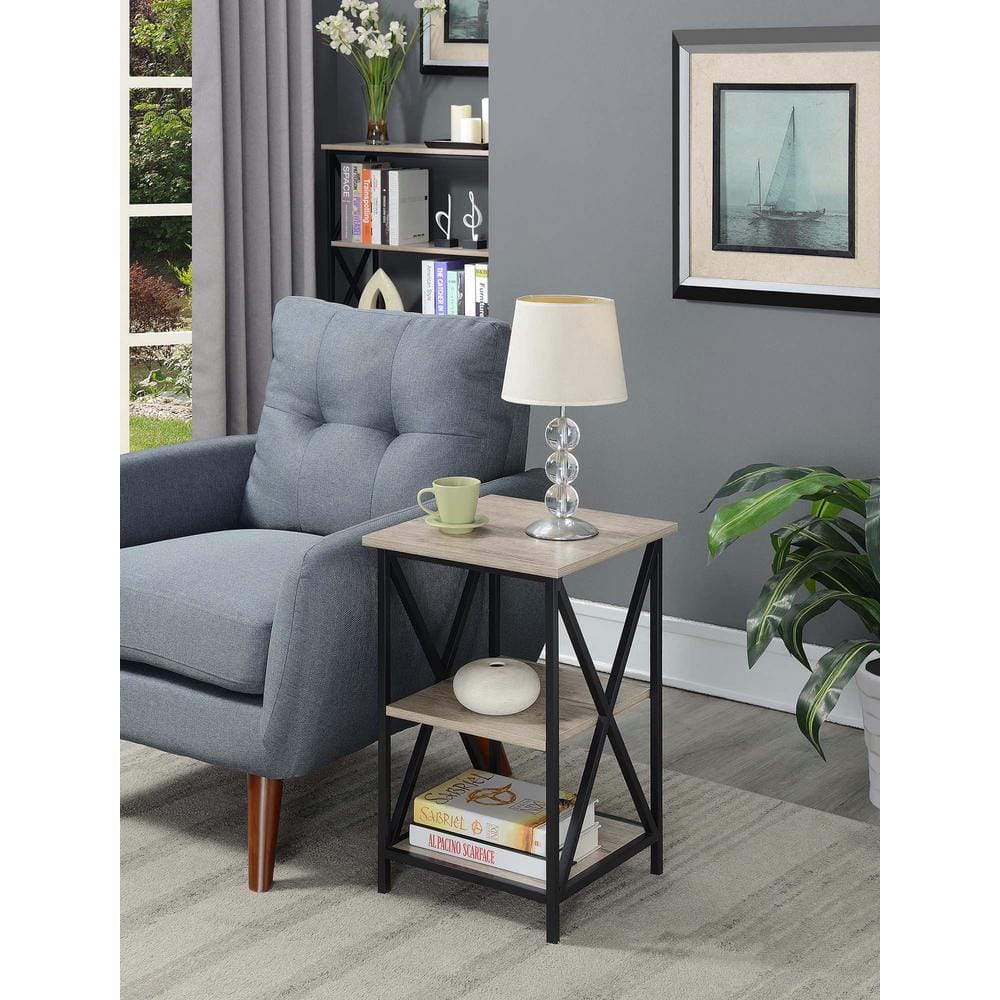 Sandstone and Black 3-Tier Wood and Metal End Table