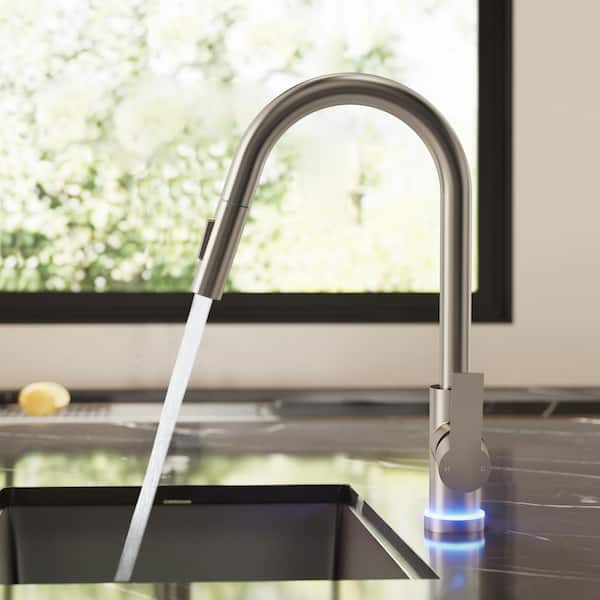 Single-Handle Pull Down Kitchen Faucet with FastMount and LED Temperature Indicator in Brushed Nickel