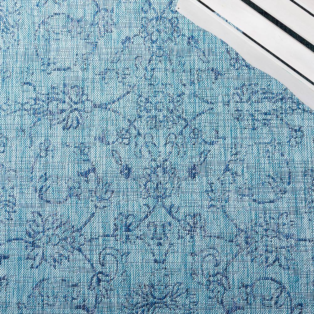 Aqua and Navy Botanical Non-slip Indoor/Outdoor Area Rug