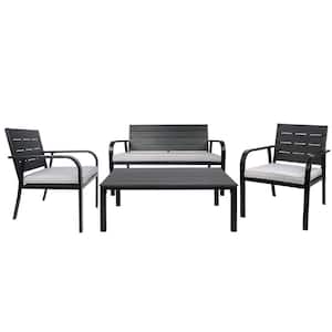 4-Piece Black Frame Set Metal Garden Sofa Built Log Texture Outdoor Sectional Set with Grey Cushion Black Table