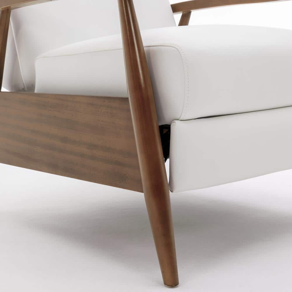 Milky White Leather and Wood Mid-Century Modern Recliner