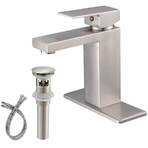 Single-Handle Single-Hole Brass Bathroom Sink Faucet with Pop-Up Drain Assembly and Deckplate Included in Brushed Nickel