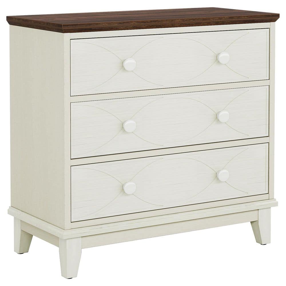 Distressed White and Brown 3-Drawer Farmhouse Nightstand