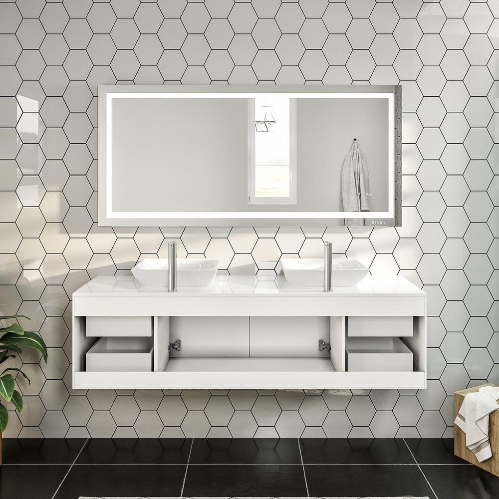 Wave 60" White Modern Double Sink Wall-Mount Bathroom Vanity