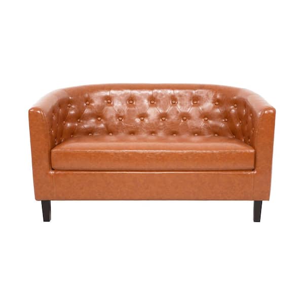 MAYKOOSH 49 in. Midcentury Modern Caramel Button Tufted Faux Leather 2-Seat Barrel Loveseat