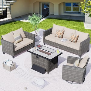 Shasta Gray 4-Piece Wicker Patio Rectangular Fire Pit Set with Beige Cushions and Swivel Rocking Chair