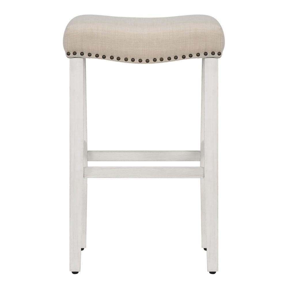 Antique White and Beige Upholstered Saddle Seat Bar Stools, 29" Wood