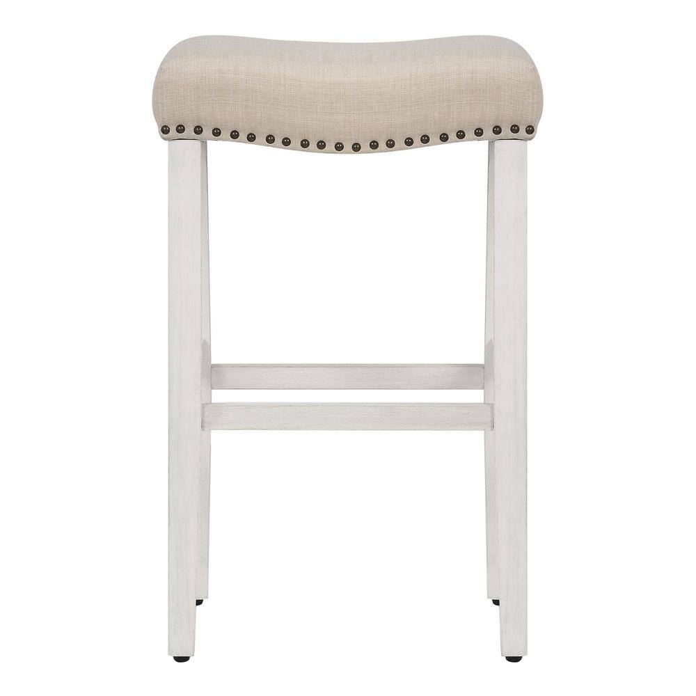 Beige Upholstered Backless Saddle Bar Stool with Nail Head Trim