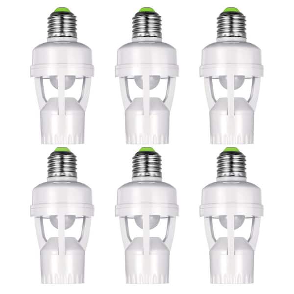 6 Pack 60-Watt Motion Sensor Light Socket Adapter Screw-In E26 E27 Bulb Holder Dusk to Dawn Control White
