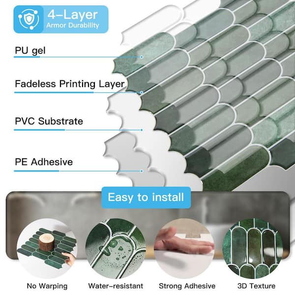 Dark Green 12 in. x 12 in. Vinyl Peel and Stick Backsplash, Self-Adhesive Wall Tiles for Kitchen Bathroom (10-Pack)